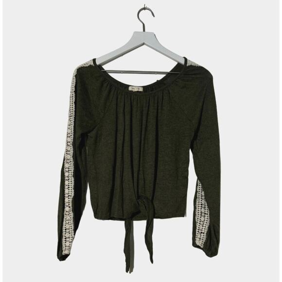 Paper + Tee Women’s Size Small Olive Green Crochet Long Sleeve Front Tie Top - Picture 1 of 11